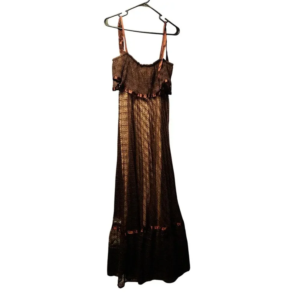Vintage 1970's brown lace tie shoulder maxi dress size 8 - Picture 2 of 6